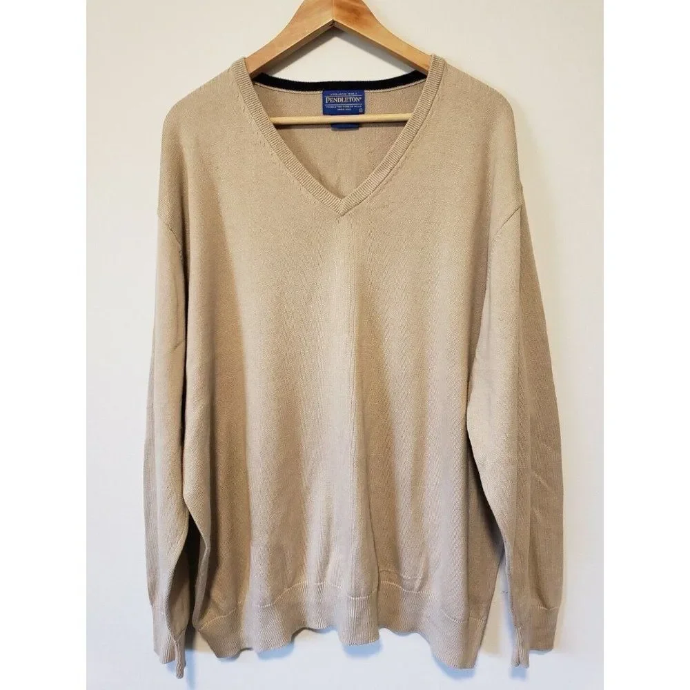 Pendleton V Neck Sweater X-Large LS 100% Pima Cotton Tan Classic Elevated Basic